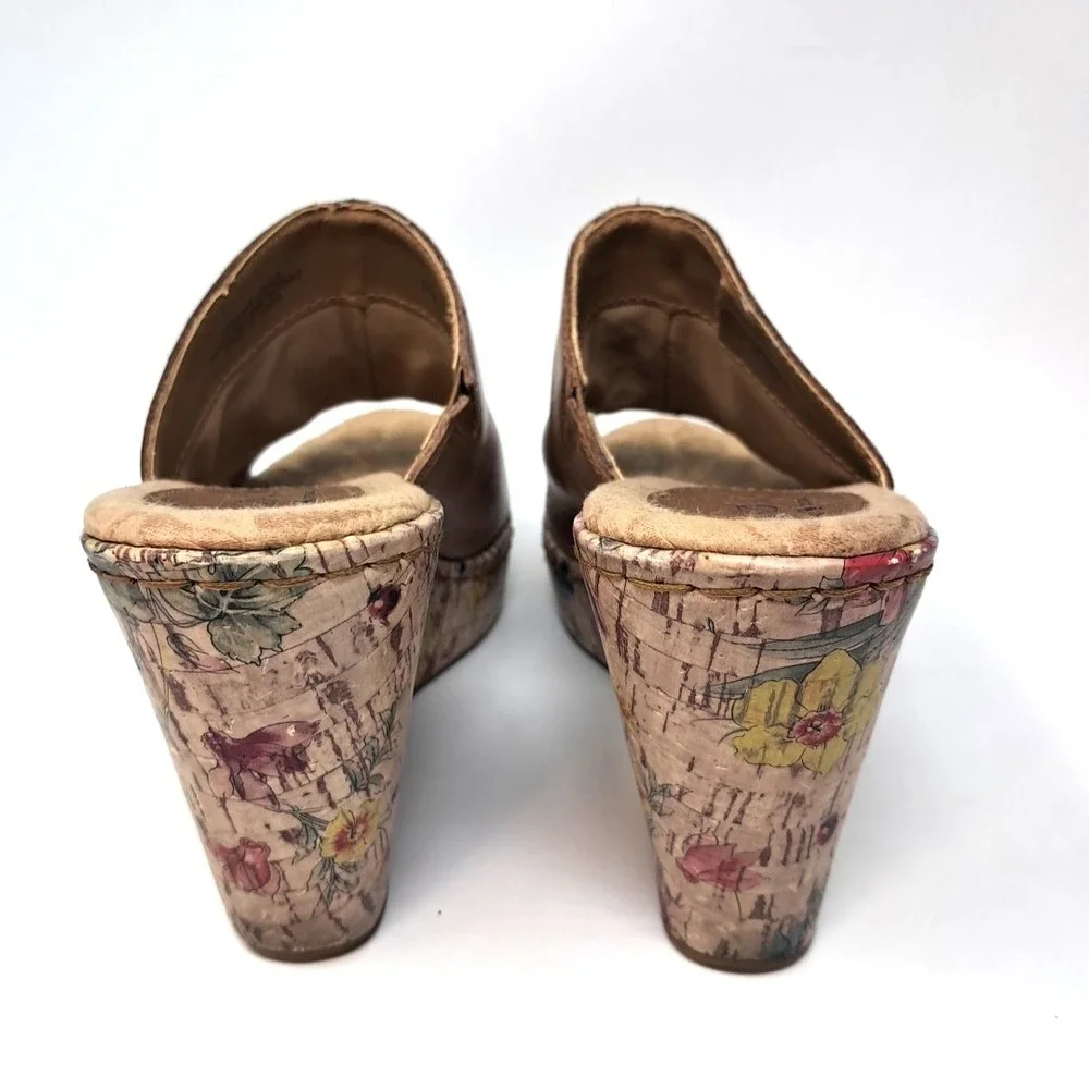 BOC by Born DIANNA Sandals Brown Leather Upper Floral Cork Wedge Heel Sz 7
